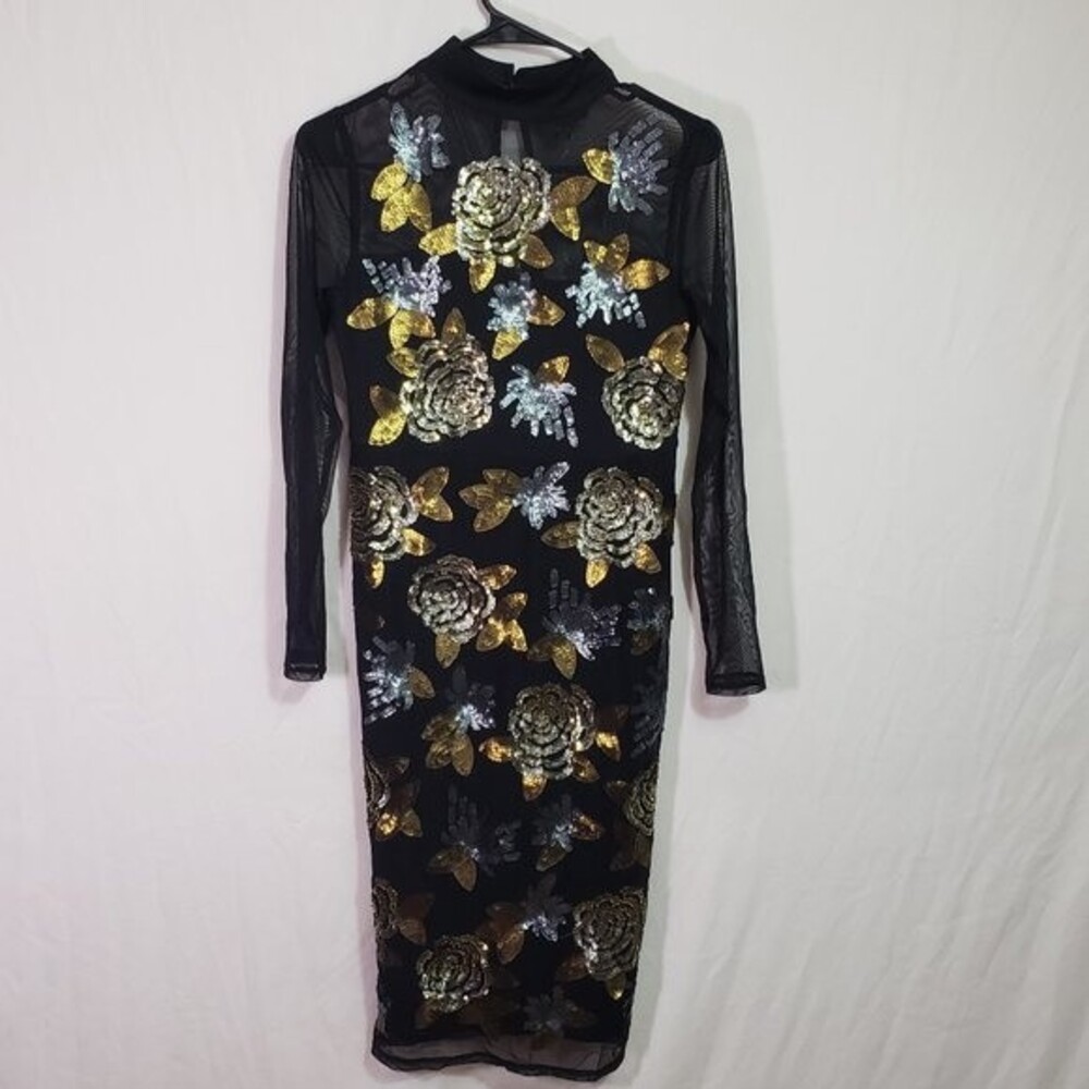 Thalia Sodi Deep Black Floral Sequined Dress Xtra Small (AJ)